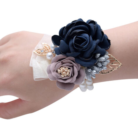 (Bleu) Ensemble de 2 décorations de mariage pour filles, demoiselles d'honneur, bracelets de fleurs, petites roses thé