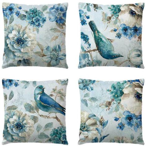 Bleu Fleur Oiseau Coton Housses De Coussin Ensemble De 4 Taie D'oreiller Coussin Couvre Canapé Canapé Décor Oreiller Couvre 45 X 45 Cm