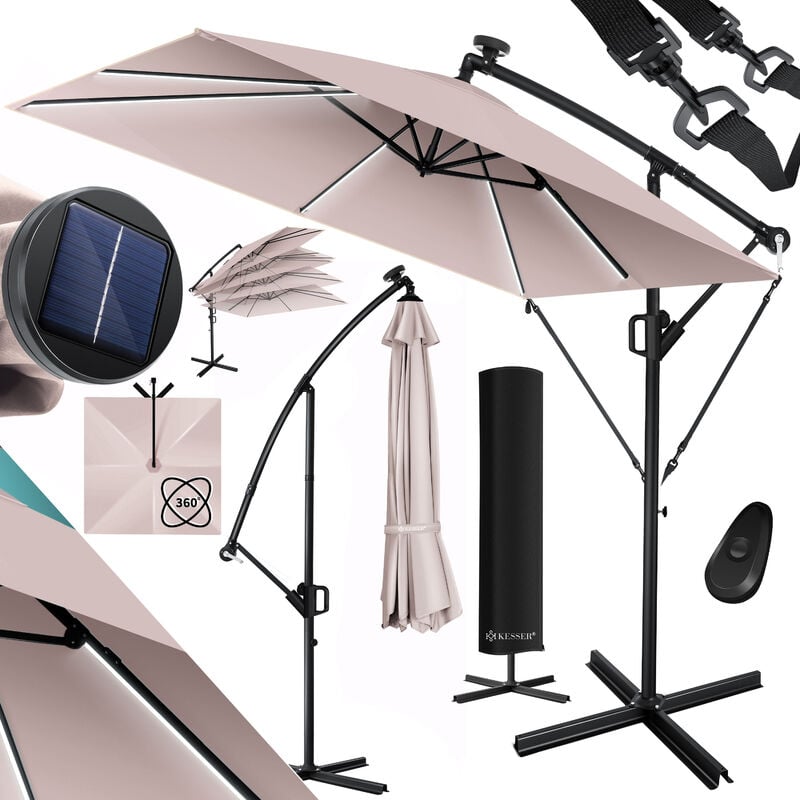 KESSER® Parasol rectangulaire Holly avec et sans LED solaire incl. couverture + sécurité anti-vent avec manivelle Parasol à manivelle avec support