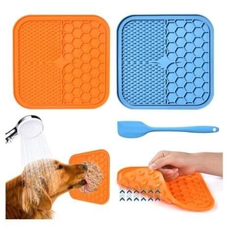 (Bleu, Orange)Tapis de Lèche Chien, 2 Pièces Tapis de Lechage pour Chat sans BPA avec 1 Spatule en Silicone, Ventouses Extra Fortes pour Le Bain,