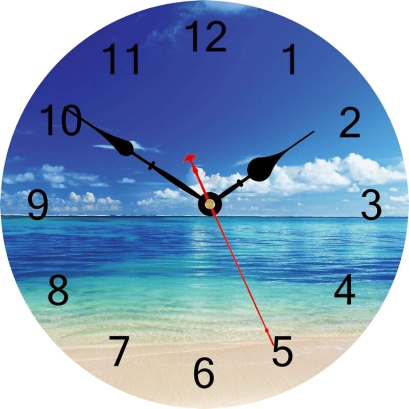 Sunxury - Bleu Paisible Mer Horloge Murale, Silencieux Belle Ciel Plage Rond Horloges, Facile à Lire Décoratif Horloge Murale pour la Cuisine Salle