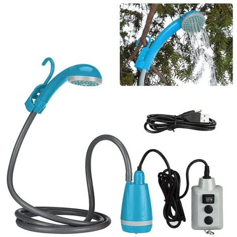 (Bleu) Système de douche de camping portable pour les voyages, le camping et la randonnée : pommeau de douche rechargeable, pompe et système de douche portable pour l'extérieur.