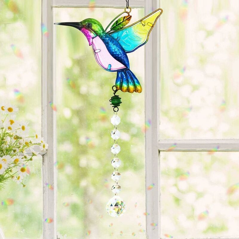 (bleu)Attrape-soleil en cristal avec pendentif en forme de colibri - Décoration arc-en-ciel pour fenêtre - Attrape-soleil - Décoration de jardin