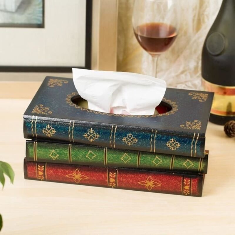 (Bleu)Boîte à mouchoirs, forme européenne rétro livre boîte à mouchoirs en bois distributeur de serviettes en papier boîte de rangement a