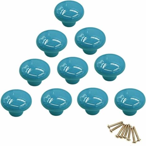 （Bleu）Lot de 10 boutons de placard ronds colorés en céramique à trou unique pour tiroir, placard, commode, porte