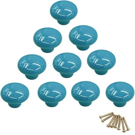 （Bleu）Lot de 10 boutons de placard ronds colorés en céramique à trou unique pour tiroir, placard, commode, porte