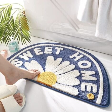 (Bleu)Tapis de Bain Antidérapant Lavable Tapis de Douche Tapis de Baignoire Tapis de Salle de Bain Paillassons Motif de Marguerite 75x45CM
