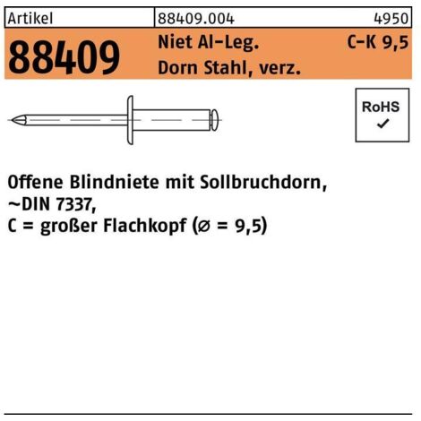 Blindniete R 88409 großer Flachkopf 3,2 x 10 Niet Aluminium/Dorn Stahl verzinkt