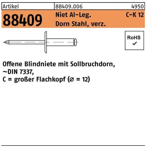 Blindniete R 88409 großer Flachkopf 4 x 6 Niet Aluminium/Dorn Stahl verzinkt