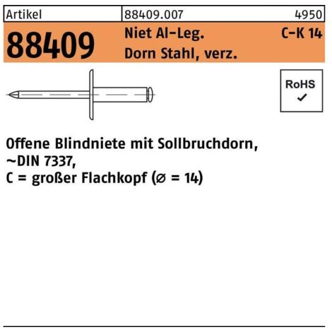 Blindniete R 88409 großer Flachkopf 5 x 10 Niet Aluminium/Dorn Stahl verzinkt
