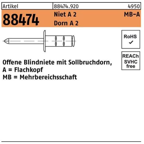 Blindniete R 88474 Flachkopf 4 x 13 Niet A 2/Dorn A 2