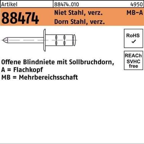 Blindniete R 88474 FLAKO 3,2x11 Niet Stahl verz./Dorn Stahl verz. 1000St. GESIPA