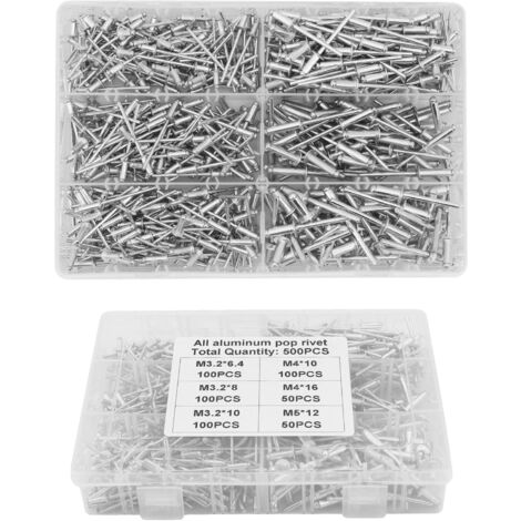 Blindnieten, 500 Stück M3,2 M4 M5 Aluminium Blindnieten Aluminiumniete Popnieten Nietensortiment mit Box für Metall, Holz, Kunststoff