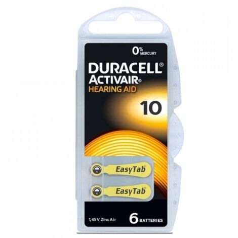 Blister da 6 pile a bottone zinco-aria 1,4V 90mAh Duracell - DA10, PR70, PR10, PR230, PR536