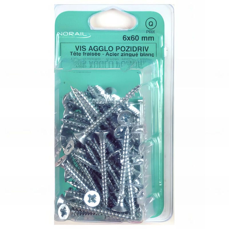 Blister de 100 vis bois panneaux agglomérés tête fraisée Pozidriv 4 x 60 mm - Zingué Blanc - VAFC0406003CP100