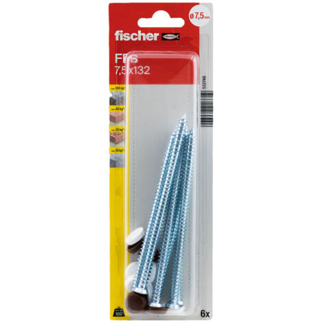 Blister de 6 vis pour menuiseries FFS 7,5 x 132 mm + capuchons blanc et brun foncé - Fischer