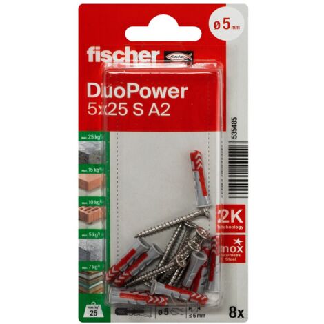 Blister de 8 chevilles universelles Duopower Ø5 x 25 mm + vis inox A2 Ø3,5 x 35 mm - Fischer