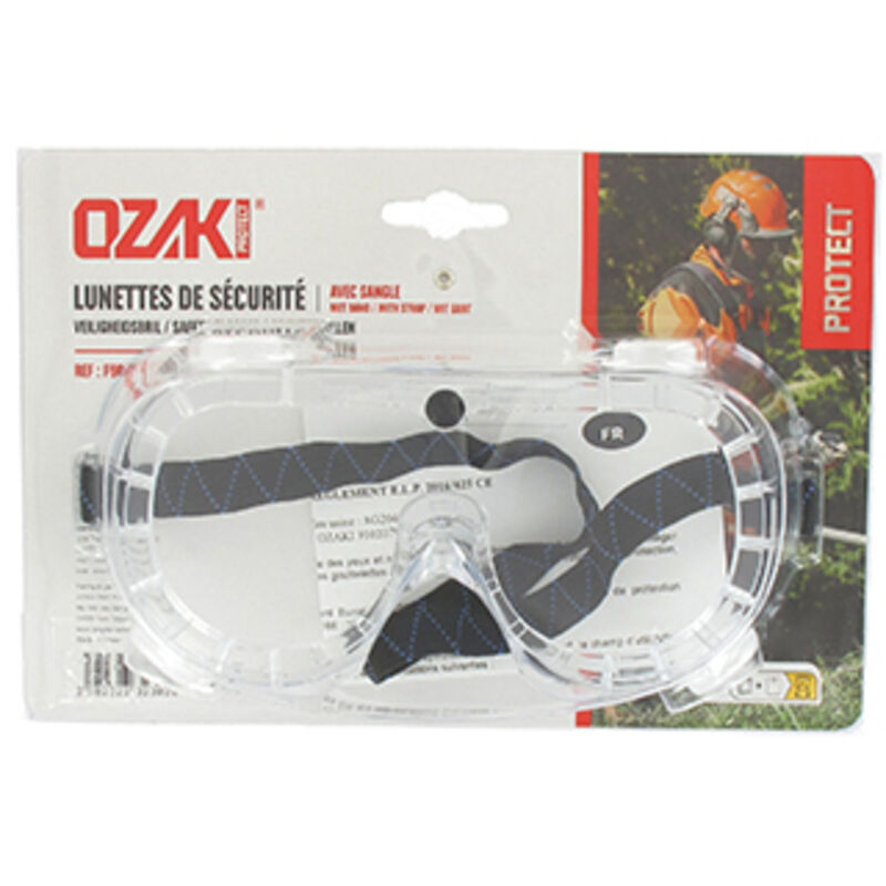 Blíster de Gafas de Protección Ozaki con Correa y Ventiladores Antipolvo. Aprobación EN166.