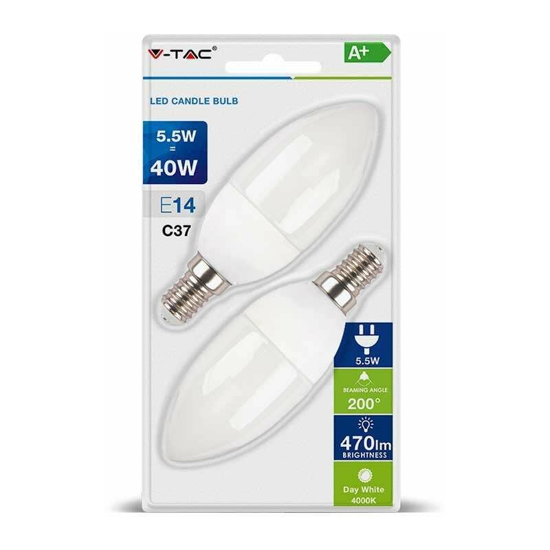 

Blister Bombillas LED E14 V-TAC vela 5.5W Temperatura de color - 4000K Blanco natural