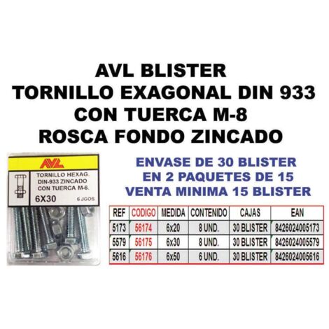 blister tornillo rosca metal cabeza hexagonal din 933 con tuerca cincado metrica m-6 largo 20mm