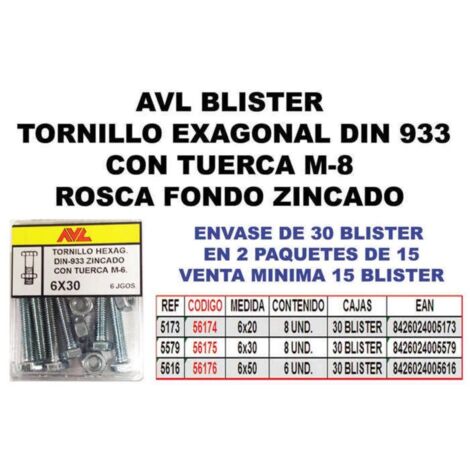 blister tornillo rosca metal cabeza hexagonal din 933 con tuerca cincado metrica m-6 largo 50nm