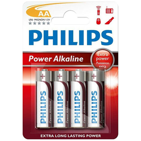 Blisterpackung mit 4 Philips-Alkalibatterien LR06 AA 4BP Power