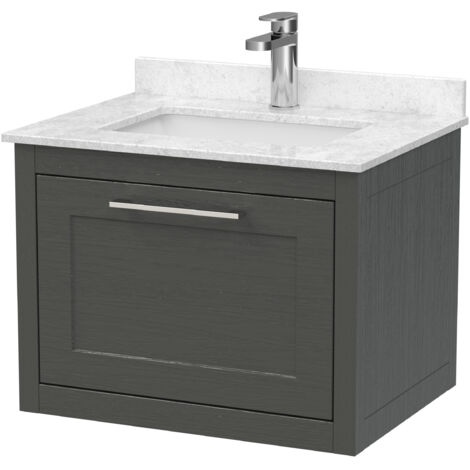 Blithbury Traditional Bathroom Wall Hung 1 Drawer Vanity Unit and 1 Tap Hole Marble Top Basin, 600mm, Woodgrain Dark Grey