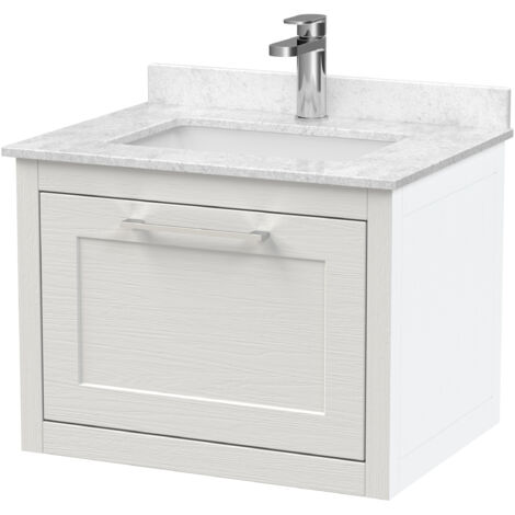 Blithbury Traditional Bathroom Wall Hung 1 Drawer Vanity Unit and 1 Tap Hole Marble Top Basin, 600mm, Woodgrain White