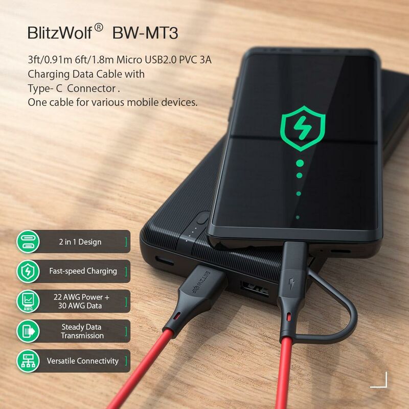 

BlitzWolf BW-MT3 5V / 3A Max 2 en 1 Tipo C Cable de datos de carga rápida Micro USB 3ft 6ft (6ft (1.8m))