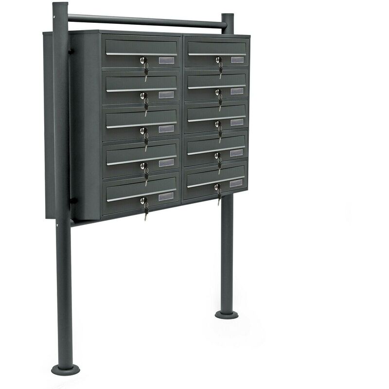 Bloc 10 boites aux lettres 2x5 compartiments superposés pied de support acier galvanisé anthracite