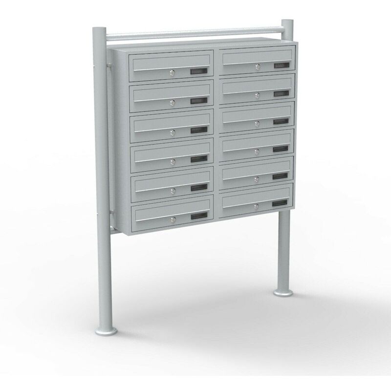 Bloc 12 boites aux lettres sur pieds entrées courrier argenté