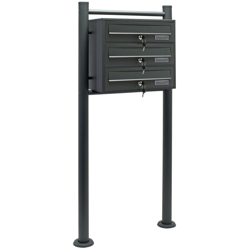 Bloc 3 boites aux lettres pied de support 3 compartiments superposé acier galvanisé 36 x 38,5 x 27 cm anthracite