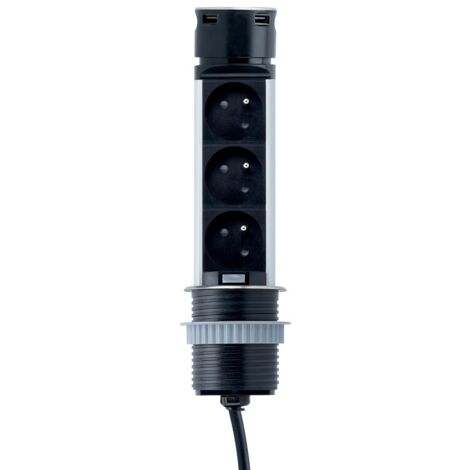 Bloc 3 prises 2P+T escamotable + 2 USB câble 1.5 m 16 A 230 V finition noir - SYNERCIA