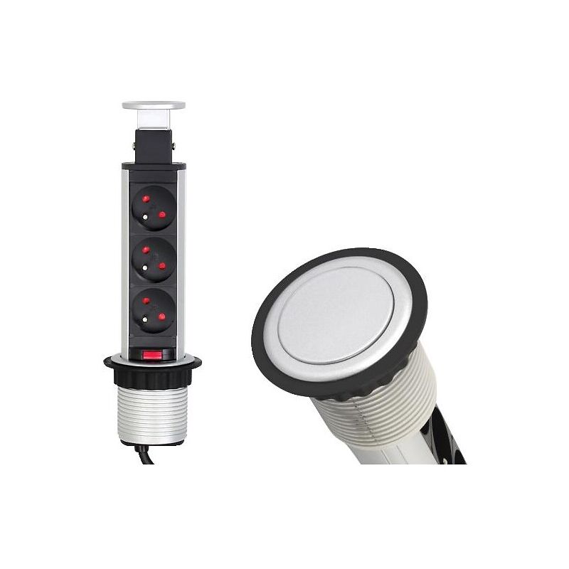 Bloc 3 prises escamotable diamètre 60mm câble 1.8M 16A.230V 2P+T aluminium Synercia