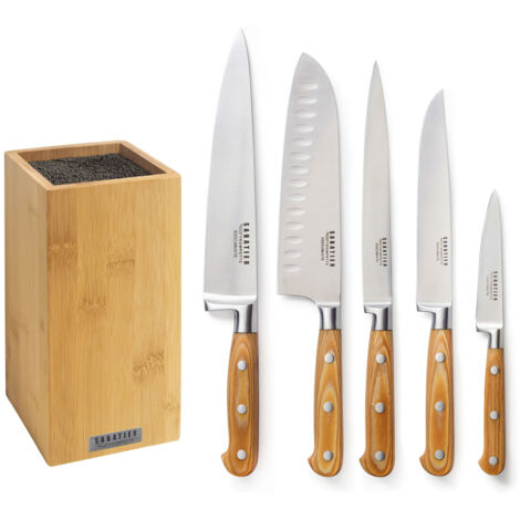 Bloc bambou de 5 couteaux de cuisine – Lames en acier inoxydable haute qualité – Manches en bois de pakka antibactérien – Lavable au lave-vaisselle