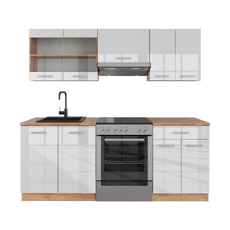 Cuisine R-Line, Blanc brillant/Chêne doré, 200 cm sans plan de travail Vicco