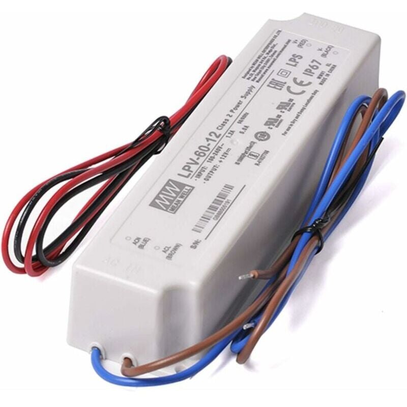 SNQ - Bloc d'Alimentation 12V 60W 5A Haute Qualité Imperméable Ip67 adapté à l'extérieur modèle MeanWell LPV-60-12 Transformateur pour Bande led 12V