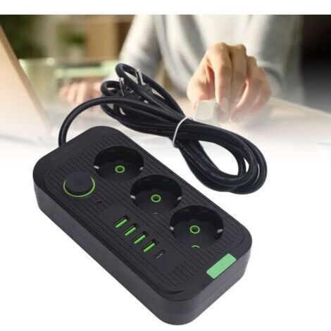 Bloc d'alimentation européen 3 prises 4 ports USB 1 type C avec câble de 2 m pour rallonge de prise électrique murale