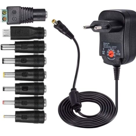 Bloc d'alimentation universel AC-DC Ulisem 12 W (3 V, 4,5 V, 5 V, 6 V, 7,5 V, 9 V et 12 V) avec 8 ports d'adaptateur sélectionnables, max. 1 000 mA, câble de charge de 115 cm.