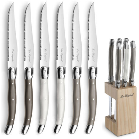 Bloc de 6 couteaux à steak Laguiole – Lame microdentée en acier trempé – Manche en polypropylène coloré – Pour tables raffinées