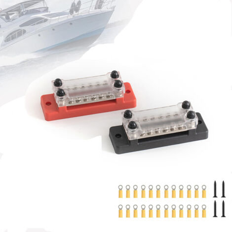 Bloc de connexion à 12 voies avec bornes à double rangée de cosses en cuivre 36 V 150 A pour la distribution électrique marine et de camping-car bornier M4, barres omnibus rouge et noire (paire).