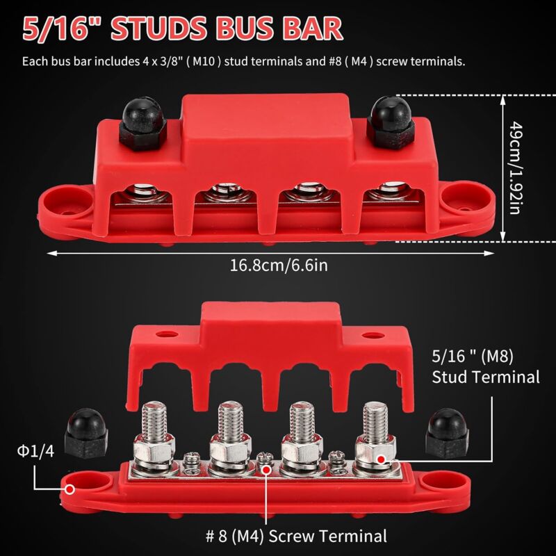 Roleader - Bloc de Distribution bloc de 12V-48V dc BusBar 250A avec 4 x M8 Boulons,Barres de Distribution D'énergie 5/16',Bloc de Connexion de