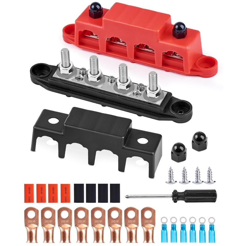 Bloc de Distribution bloc de 12V-48V dc BusBar 250A avec 4 x M8 Boulons,Barres de Distribution D'énergie 5/16',Bloc de Connexion de Batterie pour