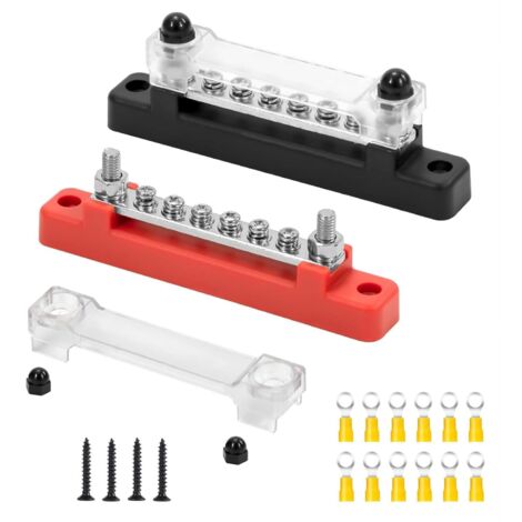 Bloc de Distribution D'alimentation 12V-48V DC Bornier Electrique Barres de Distribution d'Énergie 150A avec 6 x M4 Boulons de Borne pour Voiture Camion Bateau 2 Pièces (Rouge Noir)