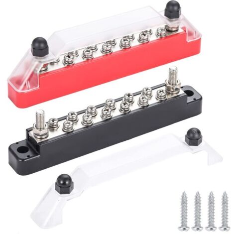 Bloc de distribution d'alimentation 12V avec 2 goujons de borne 1/4" (M6) et 12 vis de borne M4 (8), bornier de barre omnibus, barre omnibus positive et négative pour de voiture automobile