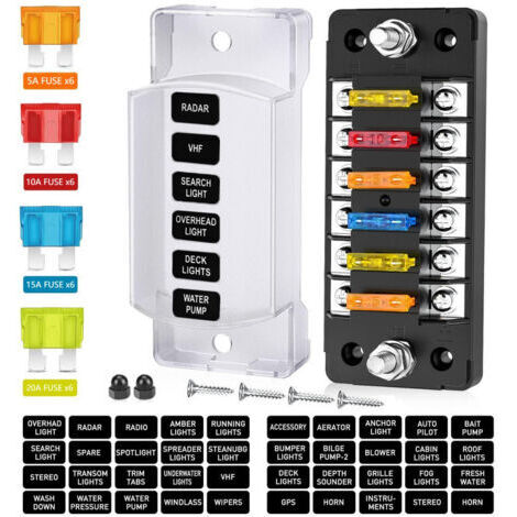 Bloc de fusibles 6 voies avec bus négatif, porte-fusible à lame 12 V, couvercle étanche, panneau de fusibles pour voitures, camions, camping-cars, fourgonnettes