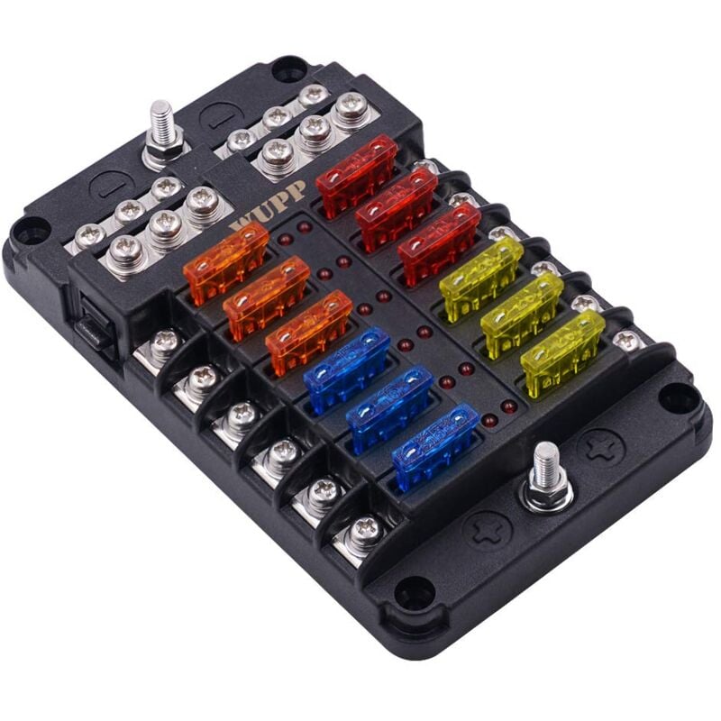 Bloc de fusibles pour bateau, panneau de fusibles marins avec indicateur d'avertissement LED, couvercle résistant à l'humidité – 12 circuits avec