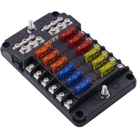 Bloc de fusibles pour bateau, panneau de fusibles marins avec indicateur d'avertissement LED, couvercle résistant à l'humidité – 12 circuits avec support de boîte à fusibles de bus négatif pour voitur