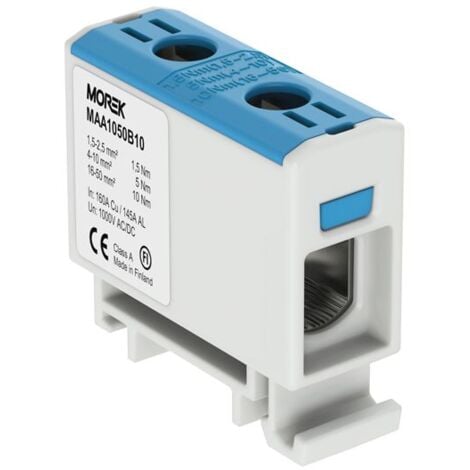 Bloc de jonction alu cuivre bleu (neutre) 1,5 à 50mm² 1000V AC/DC - Rail DIN - MOREK