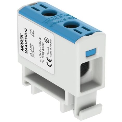 Bloc de jonction alu cuivre bleu (neutre) 2,5 à 35mm² 1000V AC/DC - Rail DIN - MOREK
